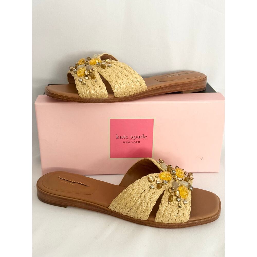 Kate Spade Dock Crystal Raffia Slides 10B NIB Defaced Sandals - Picture 13 of 14